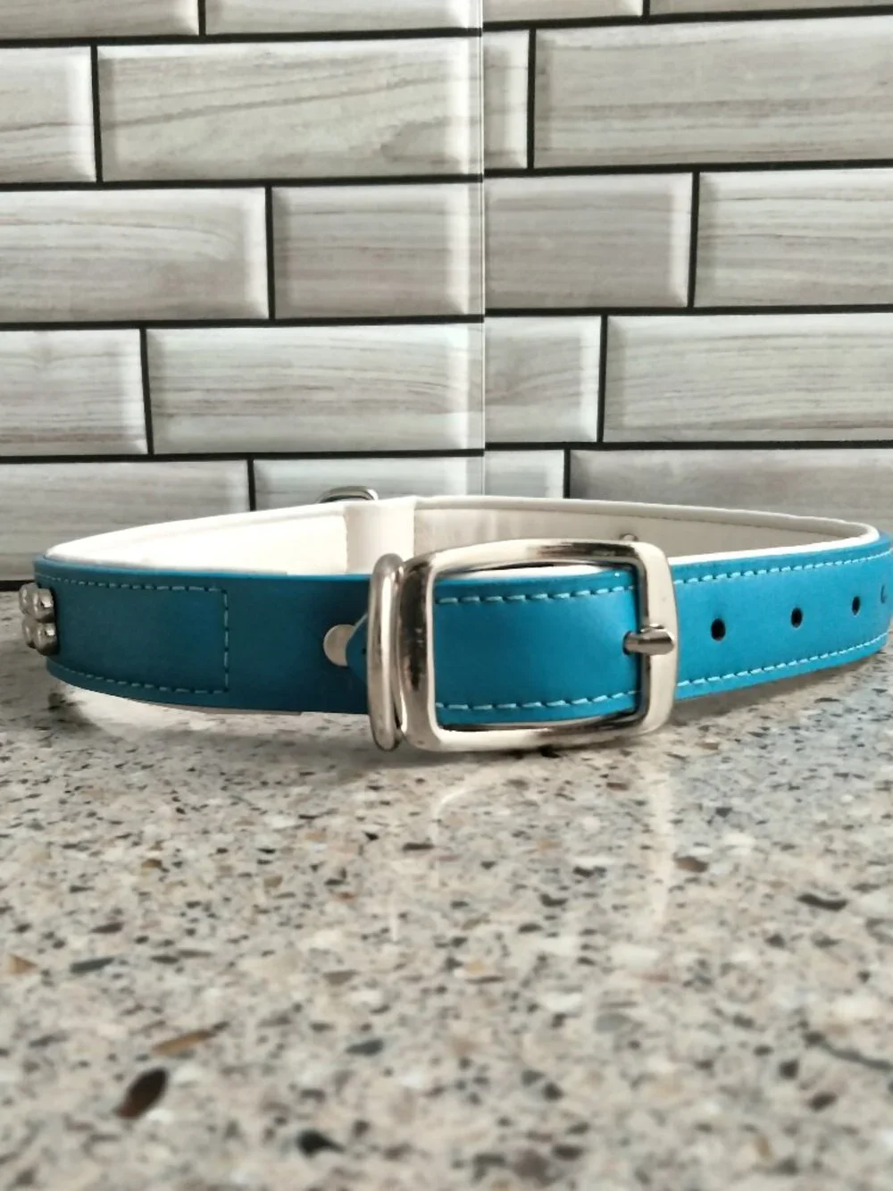 Blue, White & Chrome Leather Dog Collar 26